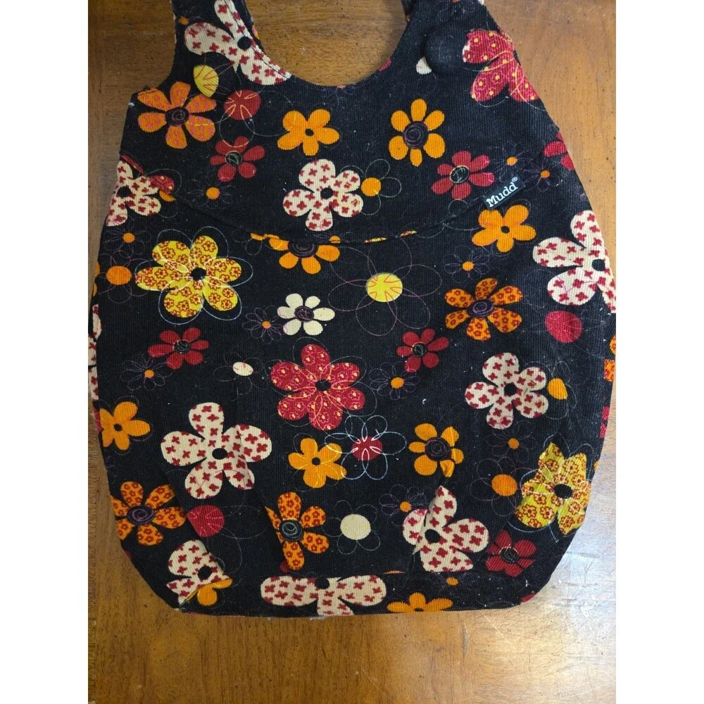 Mudd Shoulder Tote Bag Black Floral Corderoy Purse Boho Hippie Grunge Y2K Vntg
